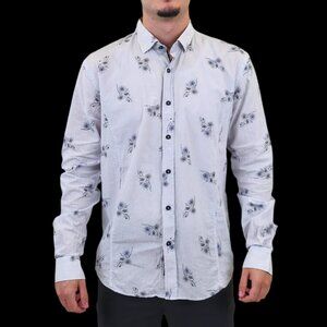 Eight X Light Grey Vertically Striped Floral Print Slim Fit Shirt